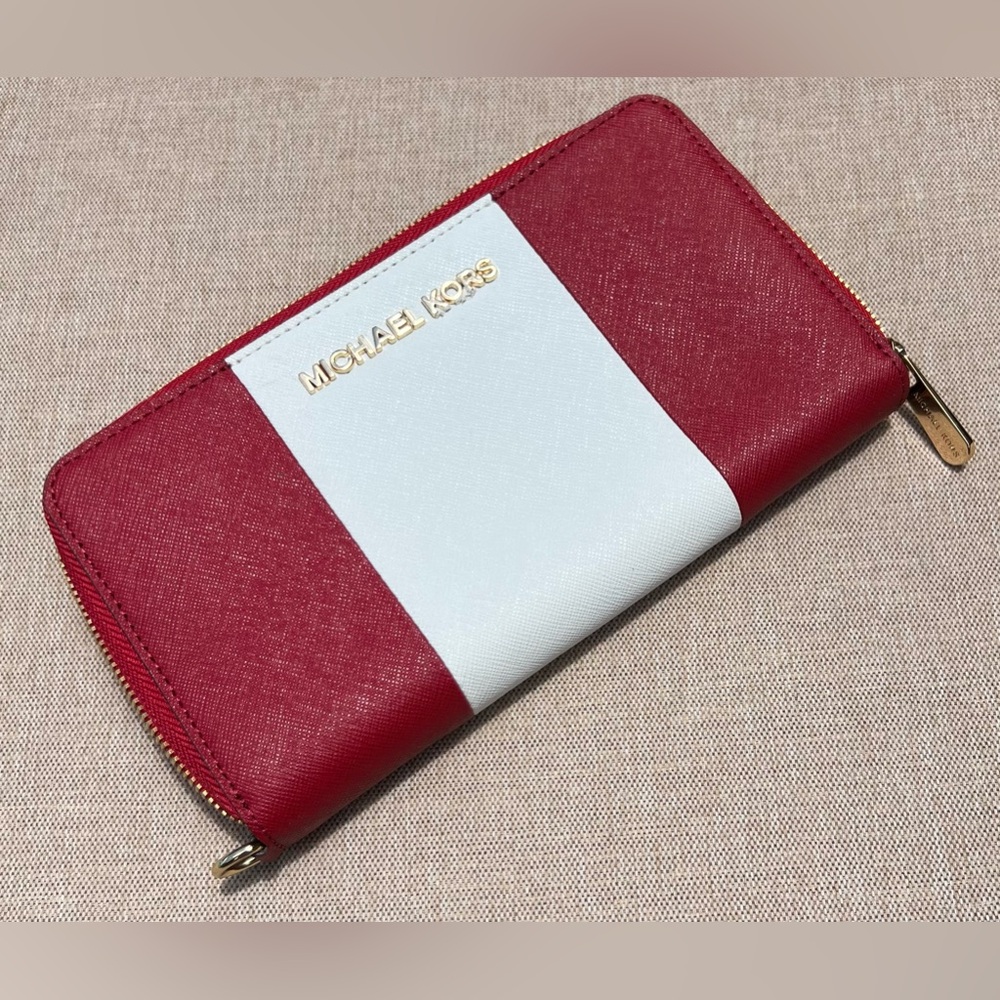 MICHAEL KORS Red and White Strip / Zip Around Wallet